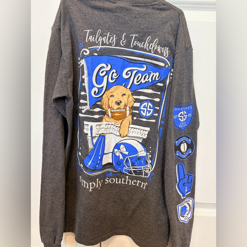 Simply Southern Women's Charcoal Crewneck with Blue Sleeve Patches—S